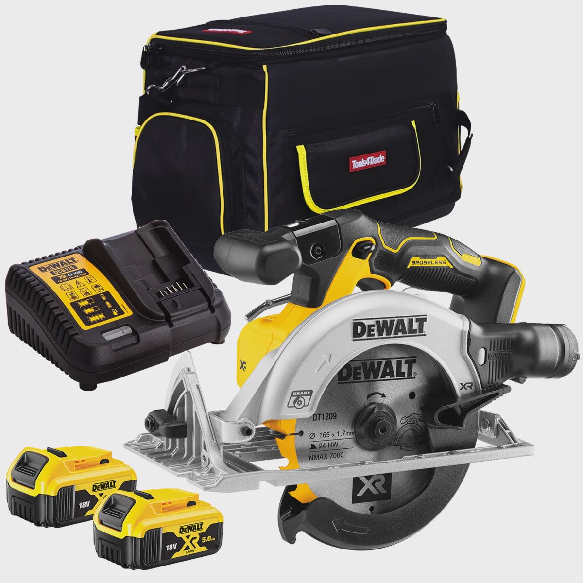 Dewalt DCS565P2 18V XR 165mm Brushless Circular Saw with 2 x 5.0Ah Batteries &amp; Charger in Bag