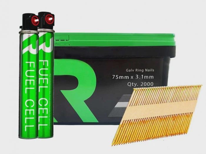 RIKA FFNR005 1st Fix Collated Nails Galv Ring 75 x 3.1mm 2000pk &amp; 2pk Fuel Cells