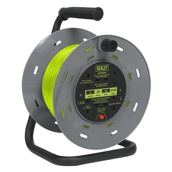 Sealey BCR25G 25m Cable Reel with Thermal Trip 4 x 230V - Hi-Vis Green