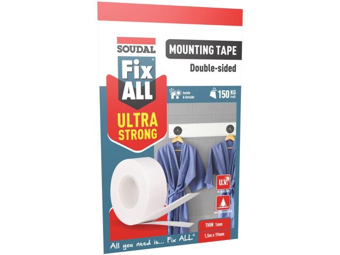 Soudal 1.5M x 19mm Fix ALL® ULTRA STRONG MOUNTING TAPE Fix ALL Double Sided Adhesive Tape White 155515