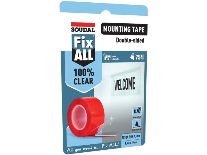 Soudal 1.5M x 19mm Fix ALL® 100% CLEAR MOUNTING TAPE Fix ALL Double Sided Adhesive Tape Clear 155514