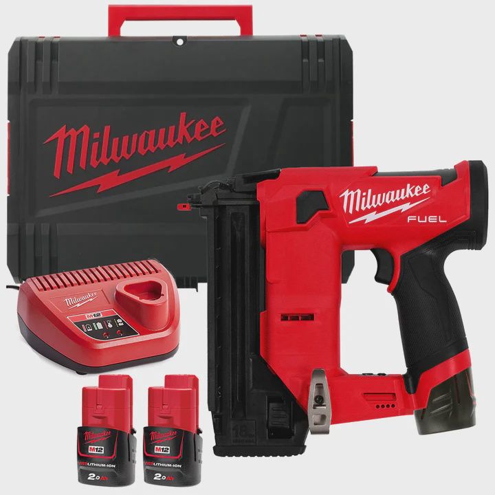 Milwaukee M12FCN18GS-202X 12V Fuel Brushless 18GA Straight Brad Nailer with 2 x 2.0Ah Battery Charger &amp; Case 4933493356
