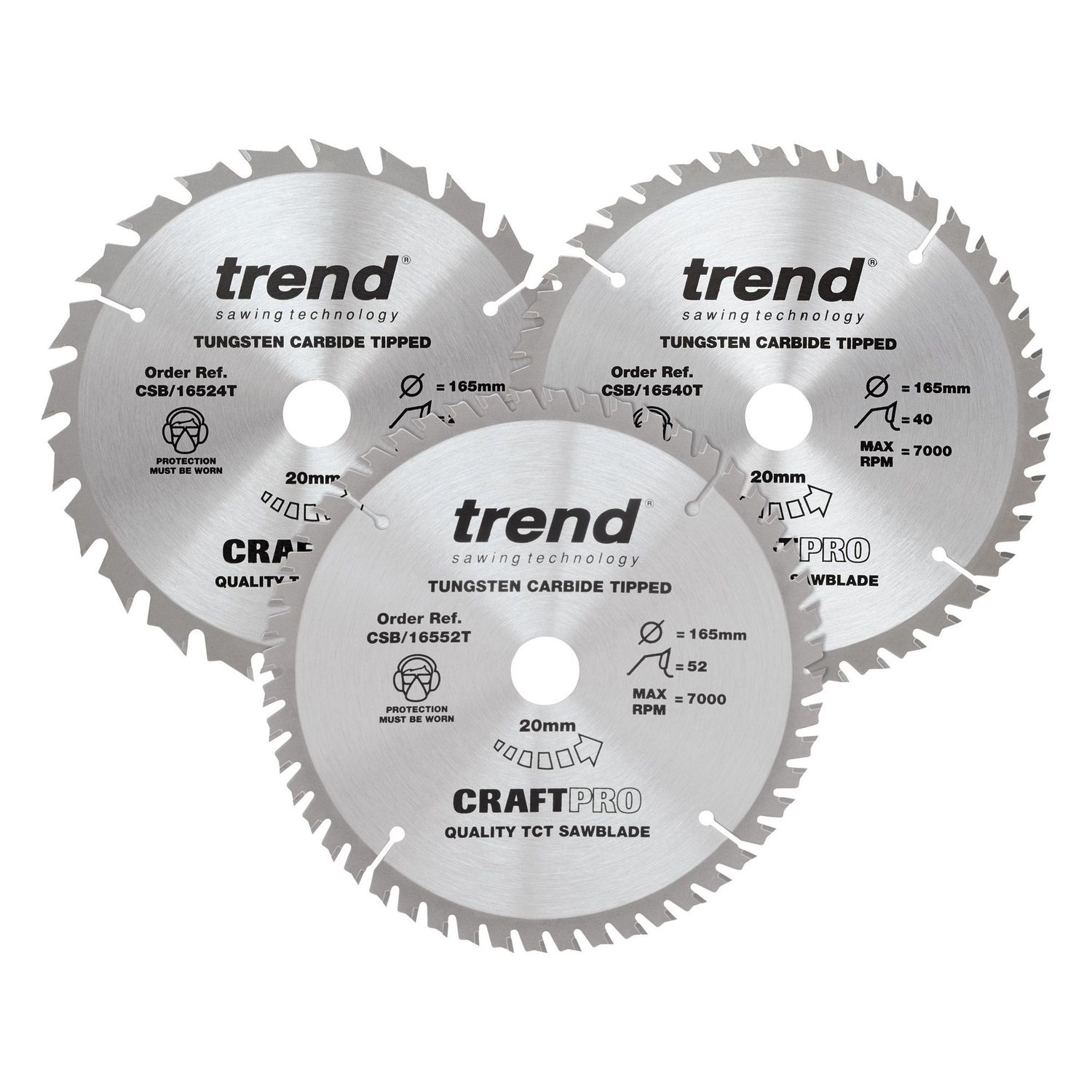 Trend Wood Cordless Circular Saw Blade 165mm x 20mm x 24/40/52T, 3 Pack CSB/165/3PK/B