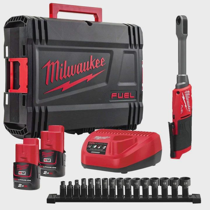 Milwaukee M12FPTR-202X 12V FUEL Brushless Pass Through Ratchet with 2 x 2.0Ah Batteries, Charger &amp; Case