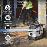 Excel 30L Wet & Dry Dust Extractor Vacuum Cleaner 240V/1600W