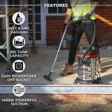 Excel 30L Wet & Dry Vacuum Cleaner 240V/1400W With Power Take Off Socket