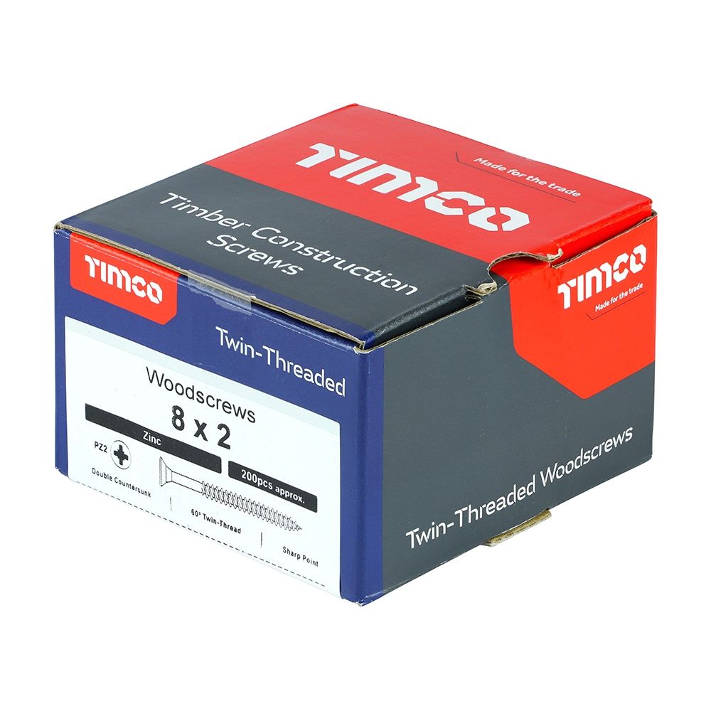 Timco 00082CWZ 8 x 2&quot; Twin Threaded Woodscrews Countersunk Head Zinc 200/Box