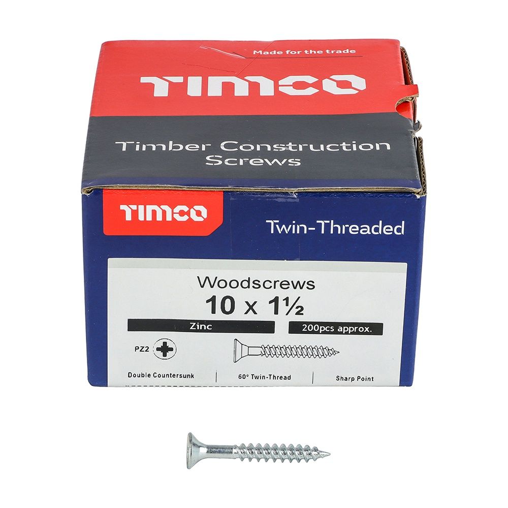 Timco 10 x 1 1/2&quot; Twin Threaded Woodscrews Countersunk Head 200/Box 10112CWZ