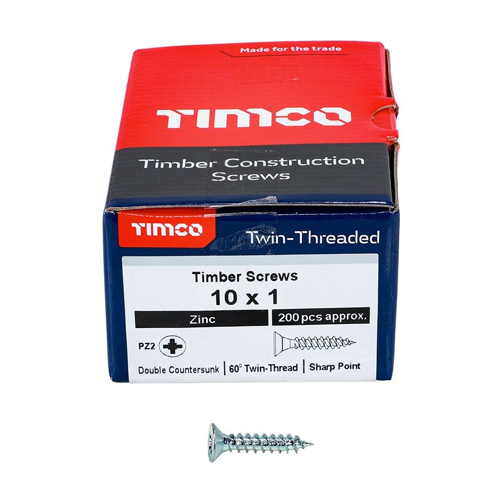 Timco 10 x 1&quot; Twin Threaded Woodscrews Countsunk Head Zinc (200/Box) 00101CWZ