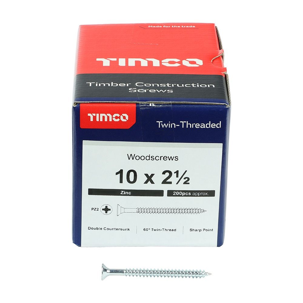 Timco 10 x 2 1/2&quot; Twin Threaded Woodscrews Countsunk Head Zinc (200/Box) 10212CWZ