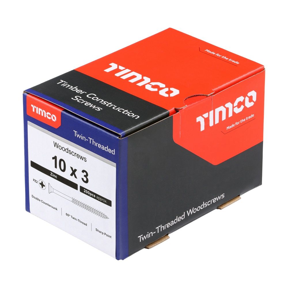 Timco 10 x 3&quot; Twin Threaded Woodscrews Countsunk Head Zinc (200/Box) 00103CWZ