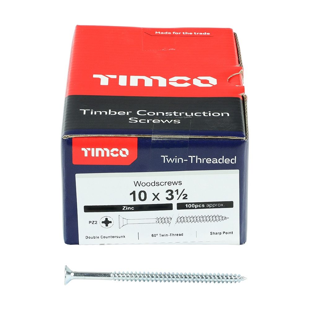 Timco 10 x 31/2&quot; Twin Threaded Woodscrews Countsunk Head Zinc (100/Box) 10312CWZ