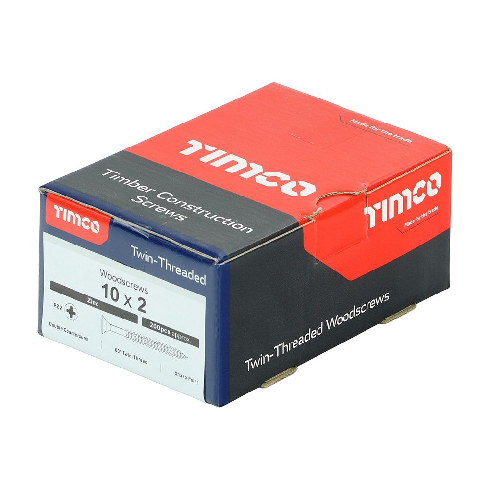 Timco 10 x 2&quot; Twin Threaded Woodscrews Countsunk Head Zinc (200/Box) 00102CWZ