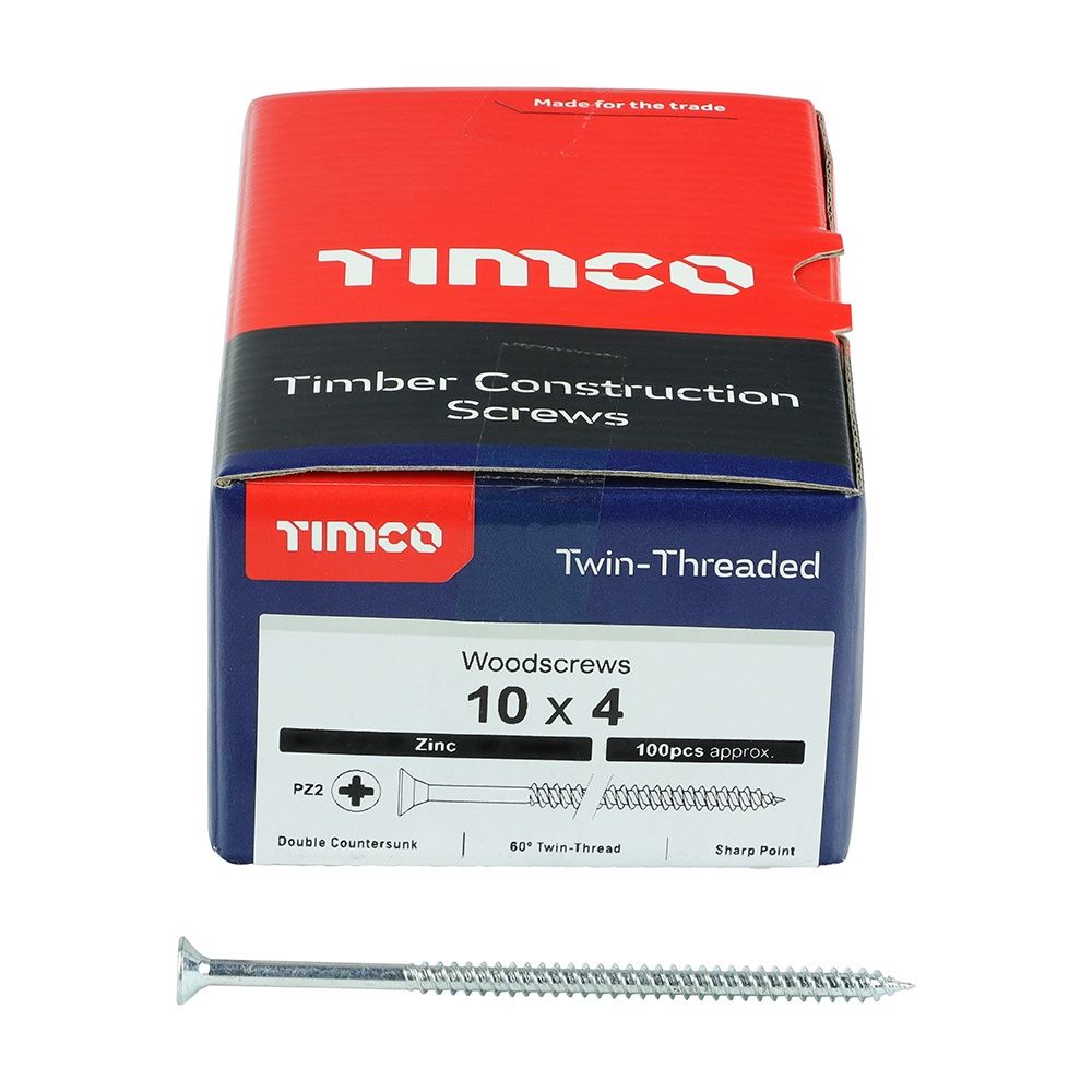 Timco 10 x 4&quot; Twin Threaded Woodscrews Countsunk Head Zinc (100/Box) 00104CWZ