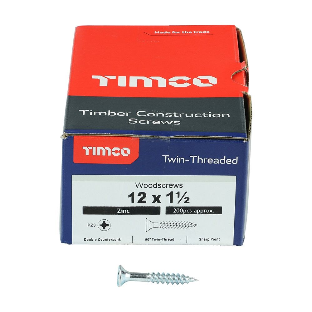 Timco 12 x 1 1/2&quot; Twin Threaded Woodscrews Countsunk Head Zinc (200/Box) 12112CWZ
