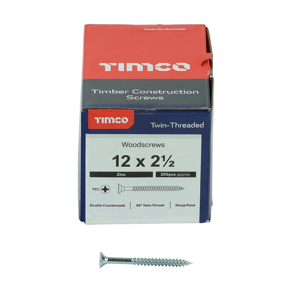 Timco 12 x 2 1/2&quot; Twin Threaded Woodscrews Countsunk Head Zinc (200/Box) 12212CWZ