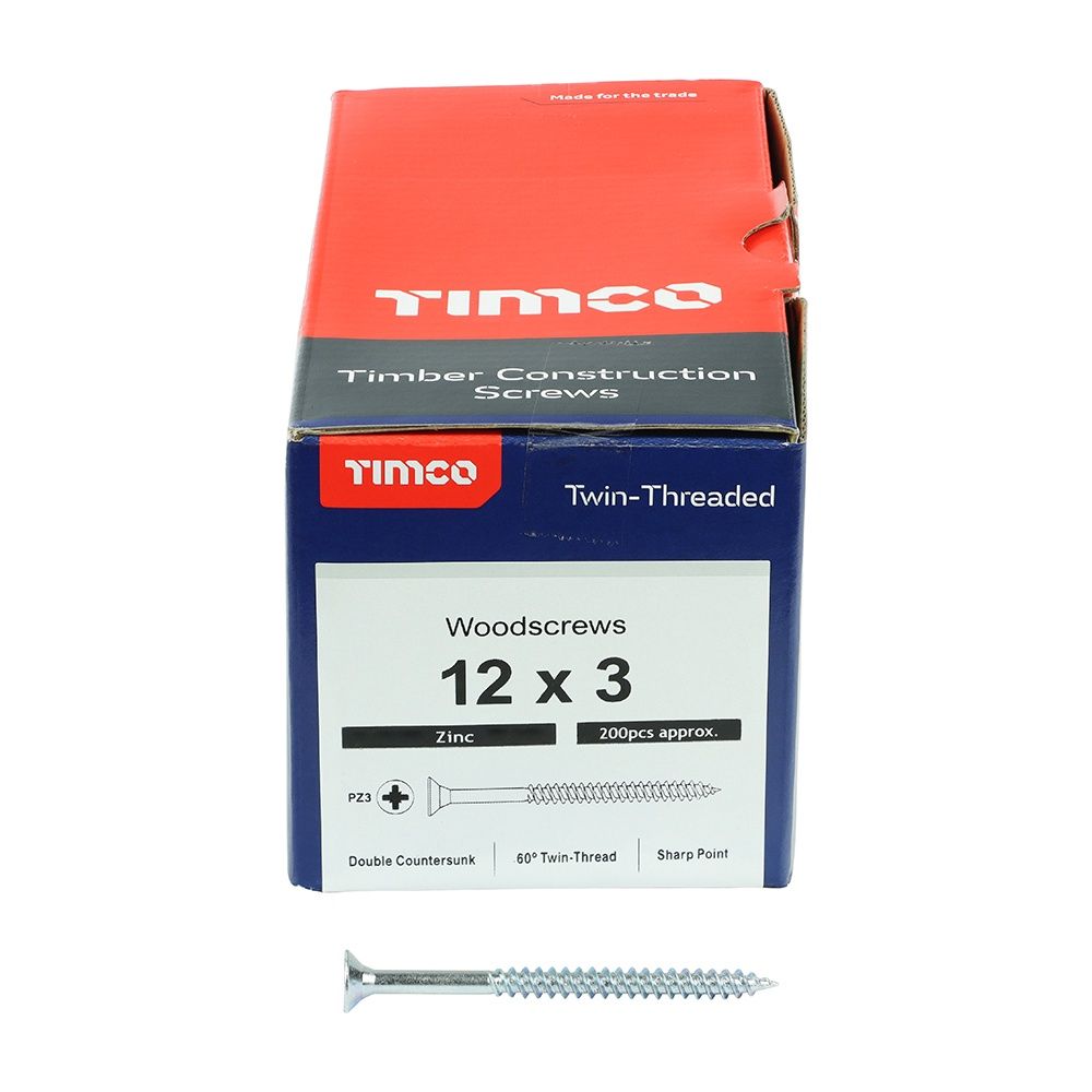 Timco 12 x 3&quot; Twin Threaded Woodscrews Countsunk Head Zinc (200/Box) 00123CWZ
