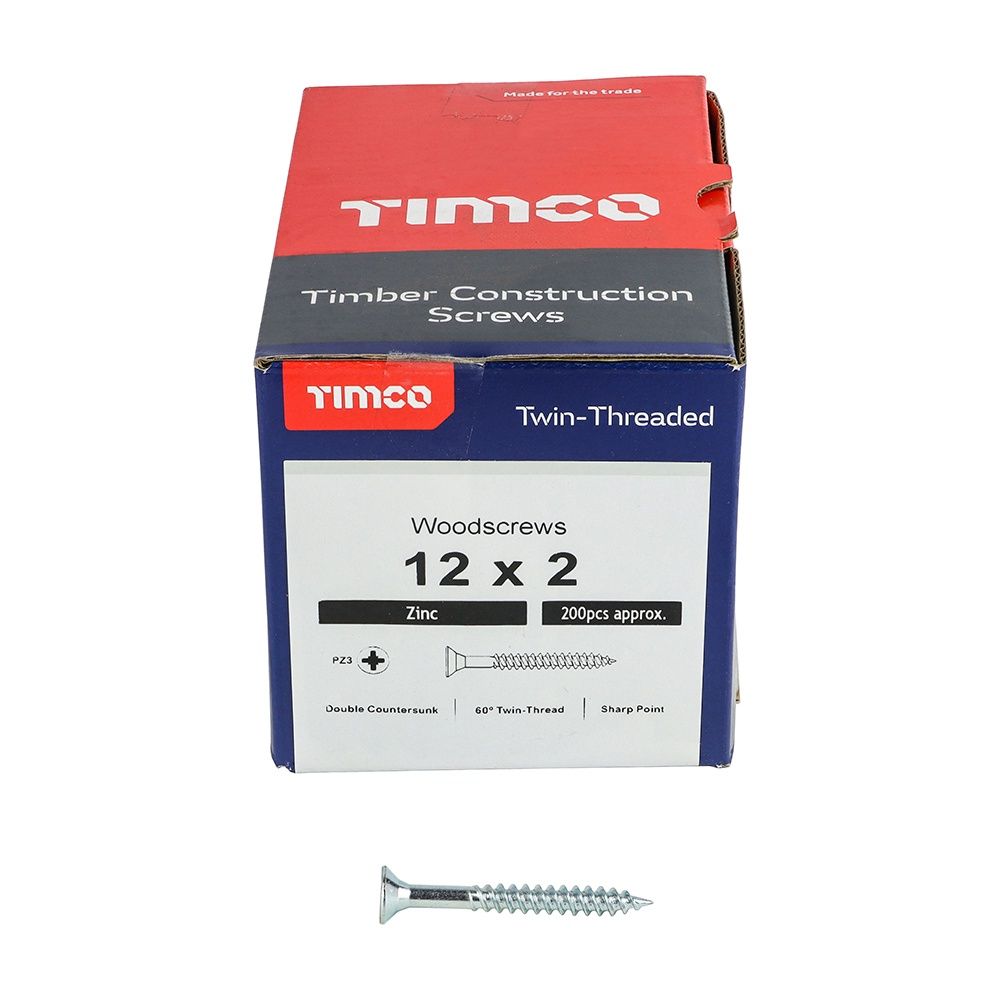 Timco 12 x 2&quot; Twin Threaded Woodscrews Countsunk Head Zinc (200/Box) 00122CWZ