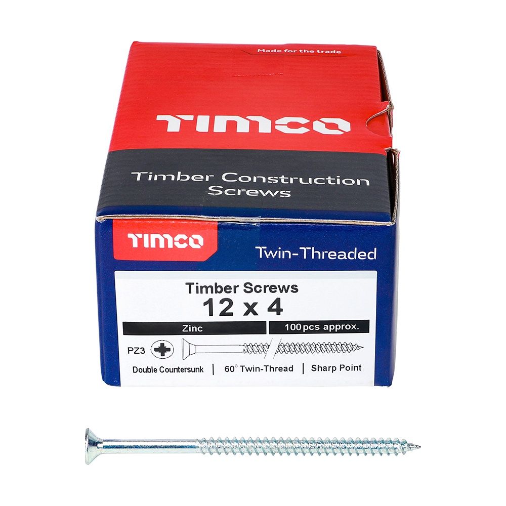 Timco 12 x 4&quot; Twin Threaded Woodscrews Countsunk Head Zinc (100/Box) 00124CWZ