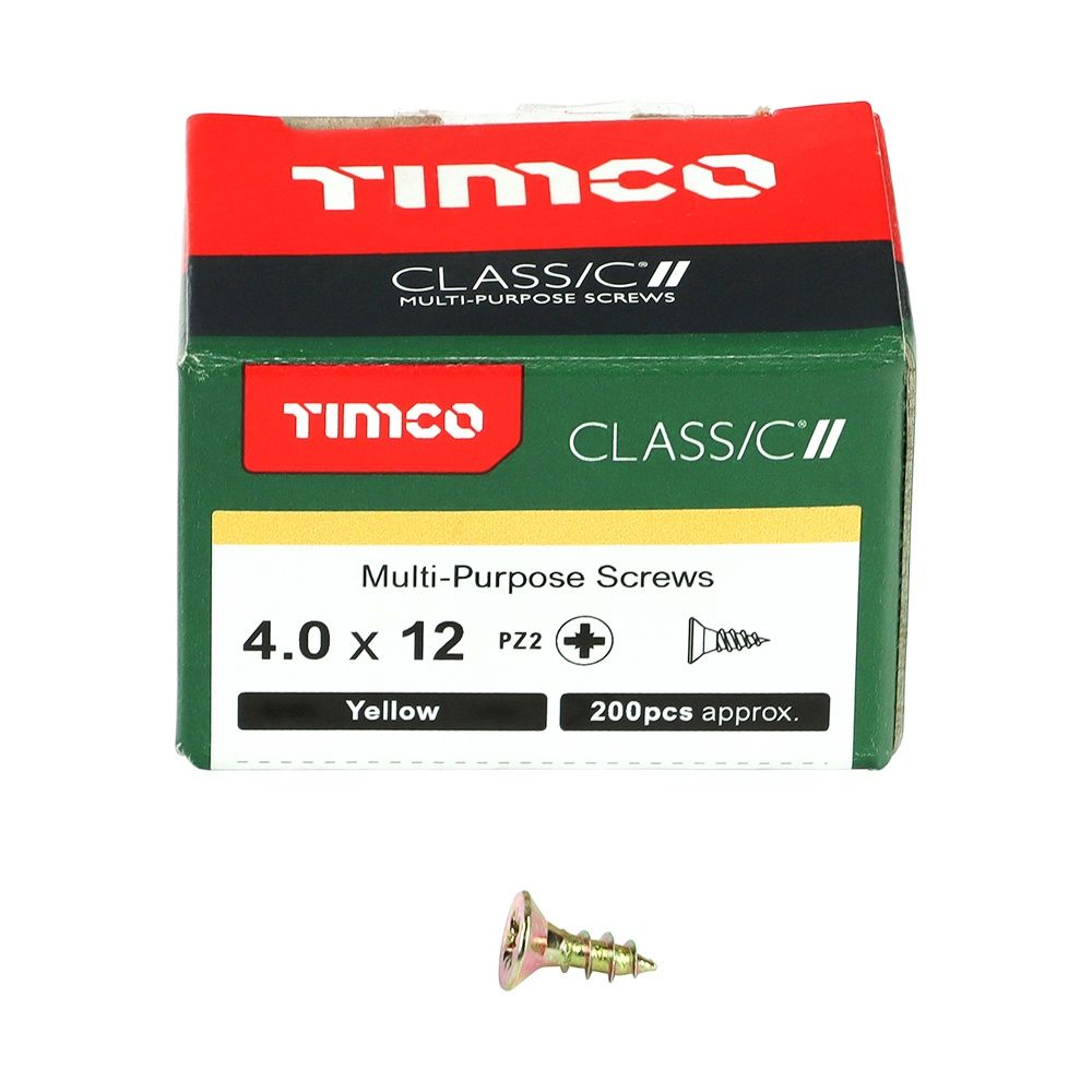 Timco 4.0 x 12mm Classic Multi-Purpose Screws Countsunk Head Yellow (200/Box) 40012CLAF