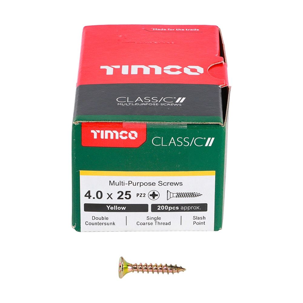 Timco 4.0 x 25mm Classic Multi-Purpose Screws Countsunk Head Yellow (200/Box) 40025CLAF