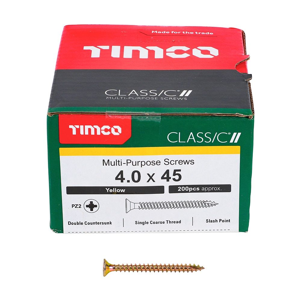 Timco 4.0 x 45mm Classic Multi-Purpose Screws Countsunk Head Yellow (200/Box) 40045CLAF