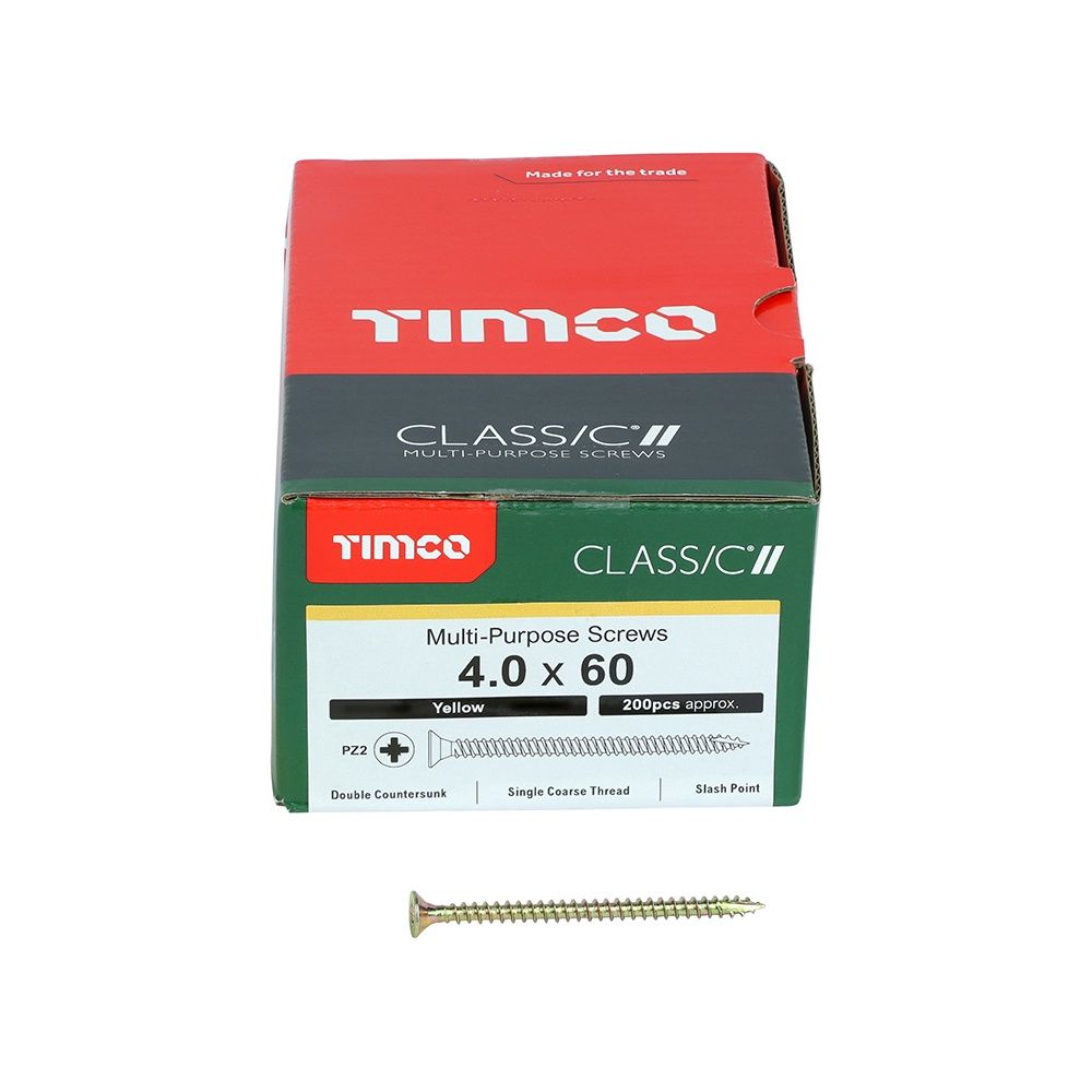 Timco 4.0 x 60mm Classic Multi-Purpose Screws Countsunk Head Yellow (200/Box) 40060CLAF