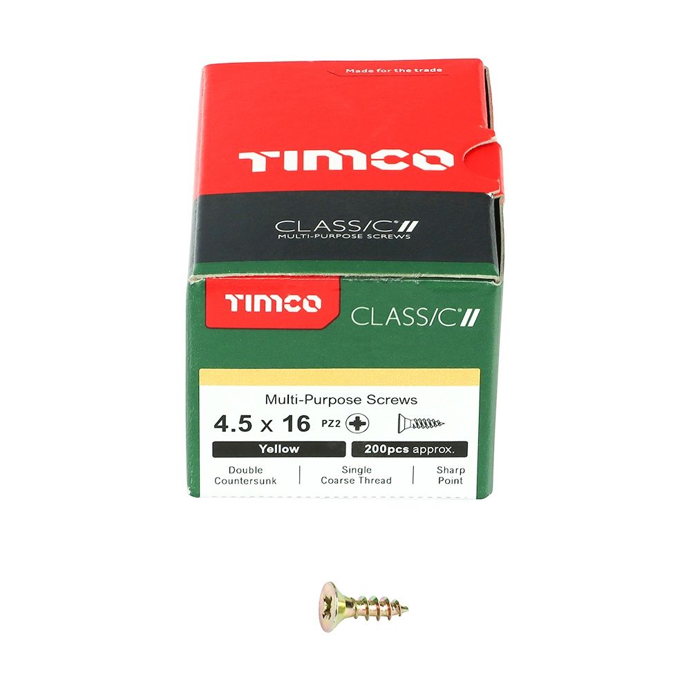 Timco 4.5 x 16mm Classic Multi-Purpose Screws Countsunk Head Yellow (200/Box) 45016CLAF