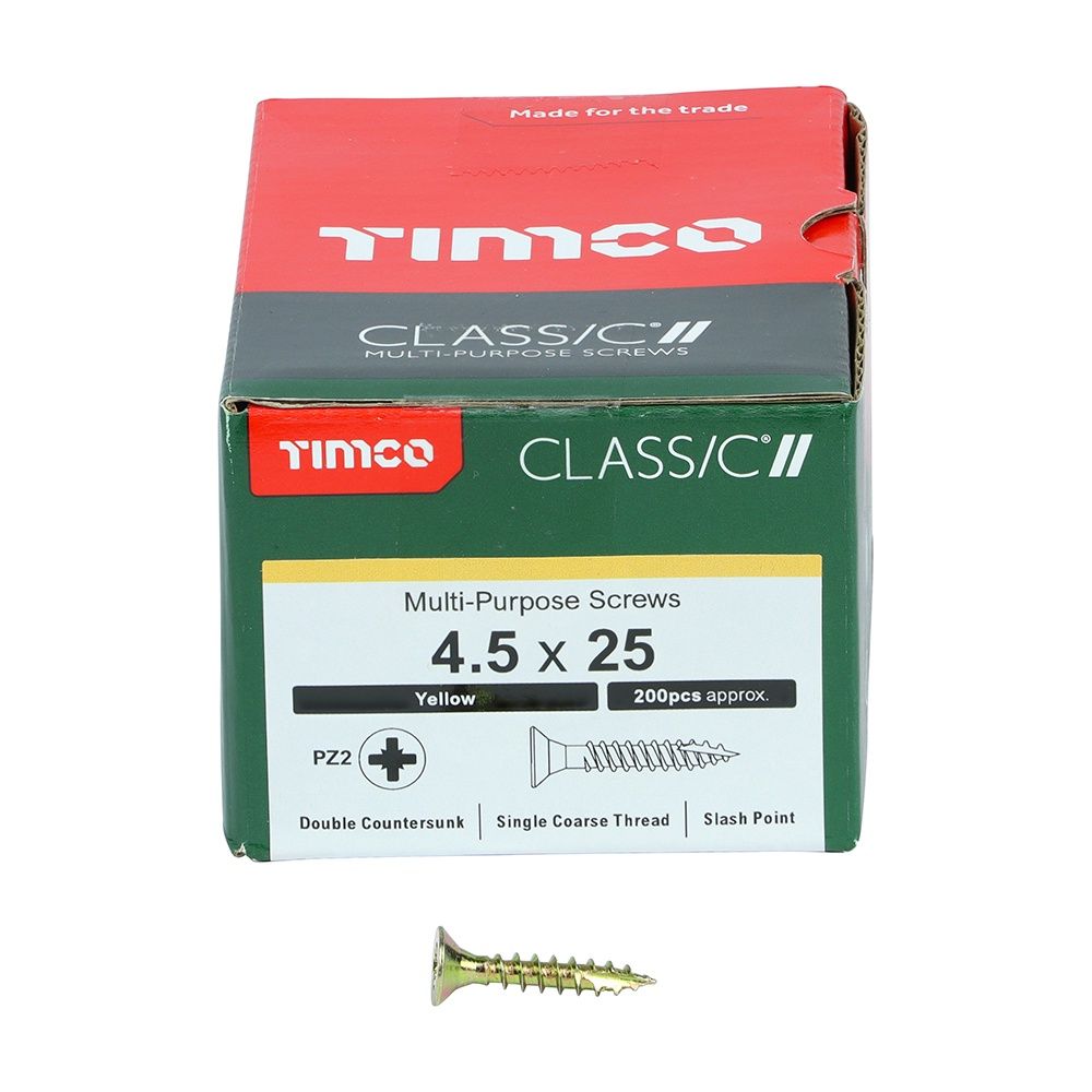 Timco 4.5 x 25mm Classic Multi-Purpose Screws Countsunk Head Yellow (200/Box) 45025CLAF