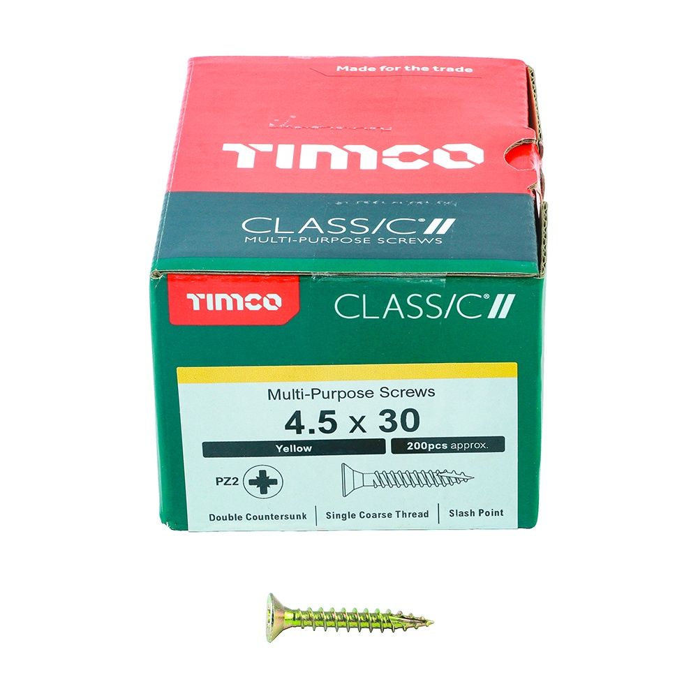 Timco 4.5 x 30mm Classic Multi-Purpose Screws Countsunk Head Yellow (200/Box) 45030CLAF
