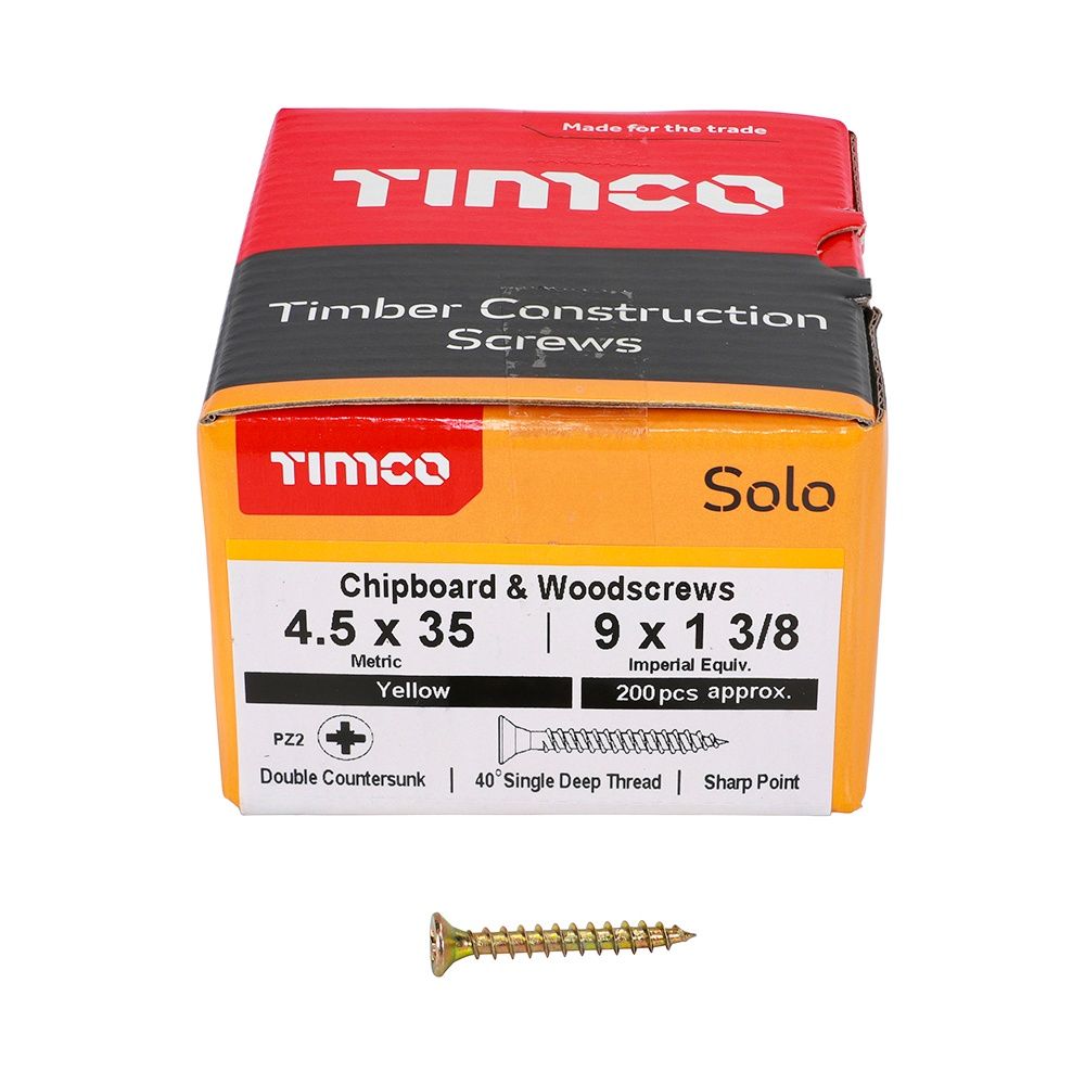 Timco 4.5 x 35 Solo Chipboard &amp; Woodscrews - PZ - Double Countersunk - Yellow
