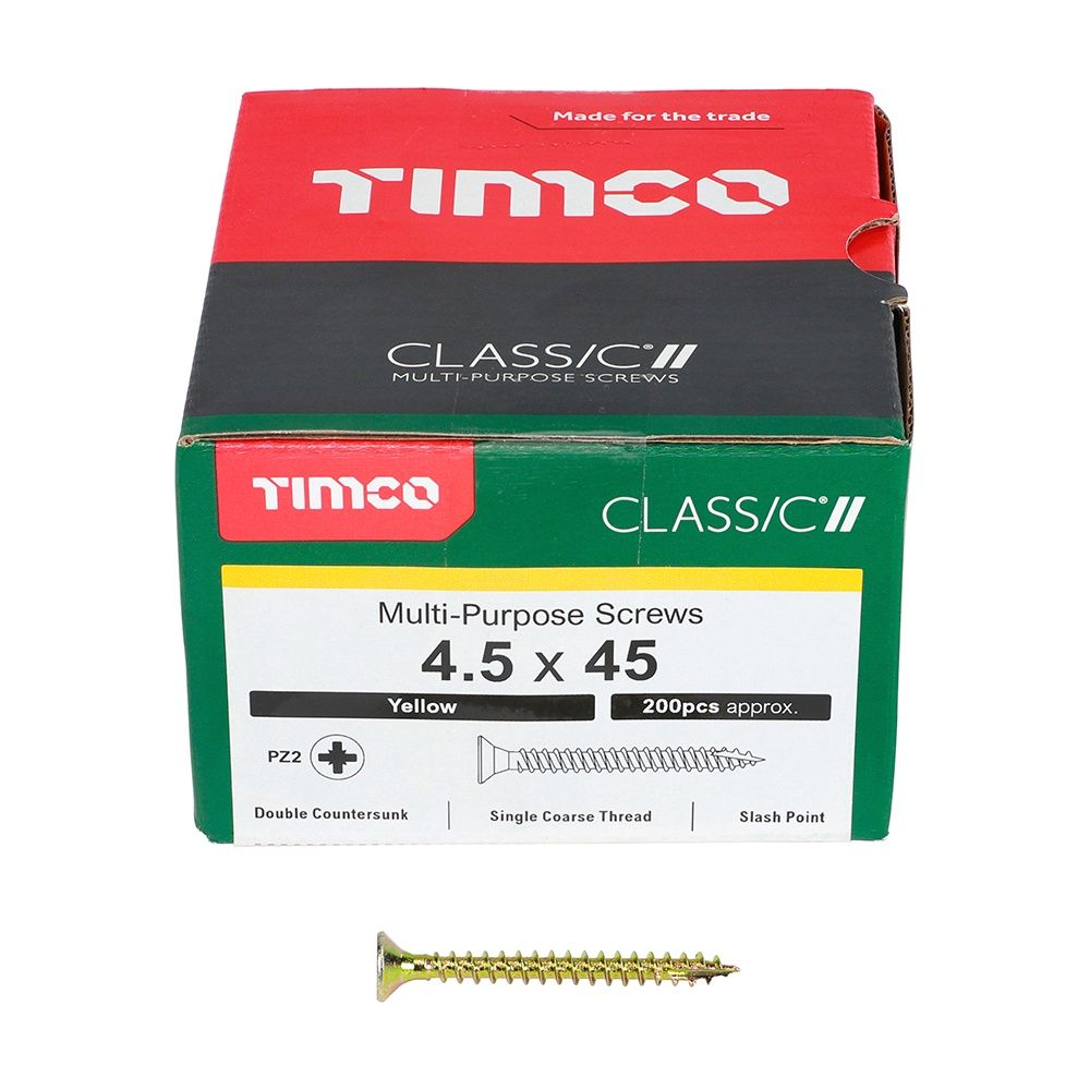 Timco 4.5 x 45mm Classic Multi Purpose Screws PZ2 Head Yellow 200/Box