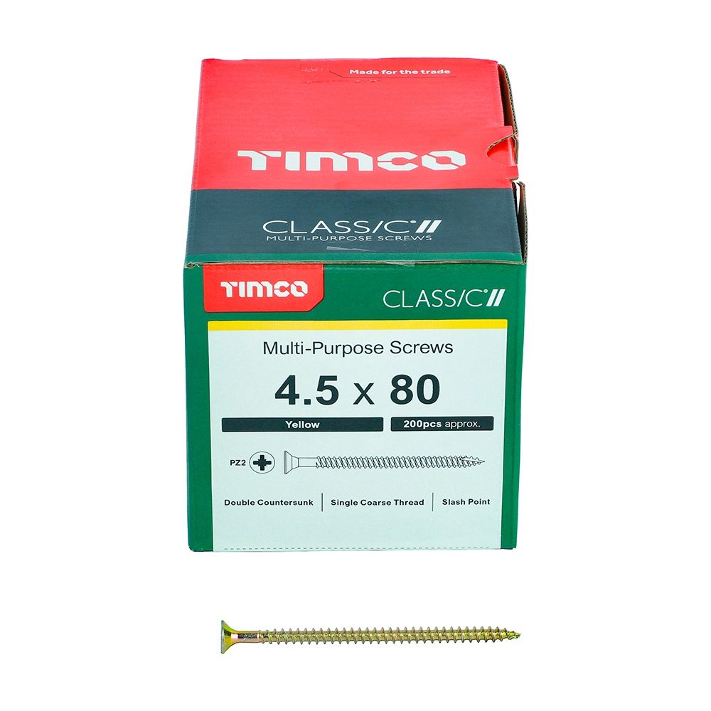 Timco 4.5 x 80mm Classic Multi-Purpose Screws Countsunk Head Yellow (200/Box) 45080CLAF