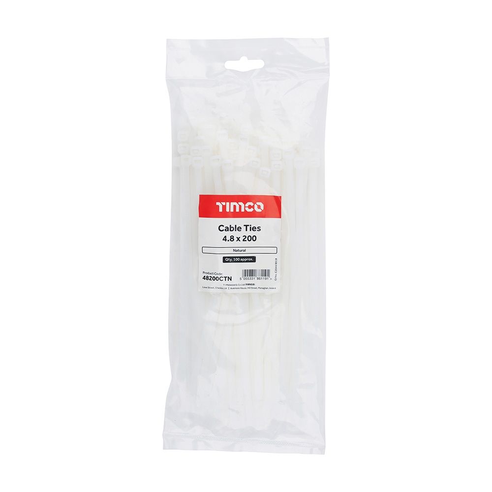 Timco 4.8 x 200mm Natural Coloured Nylon Cable Tie (100/Bag) 48200CTN