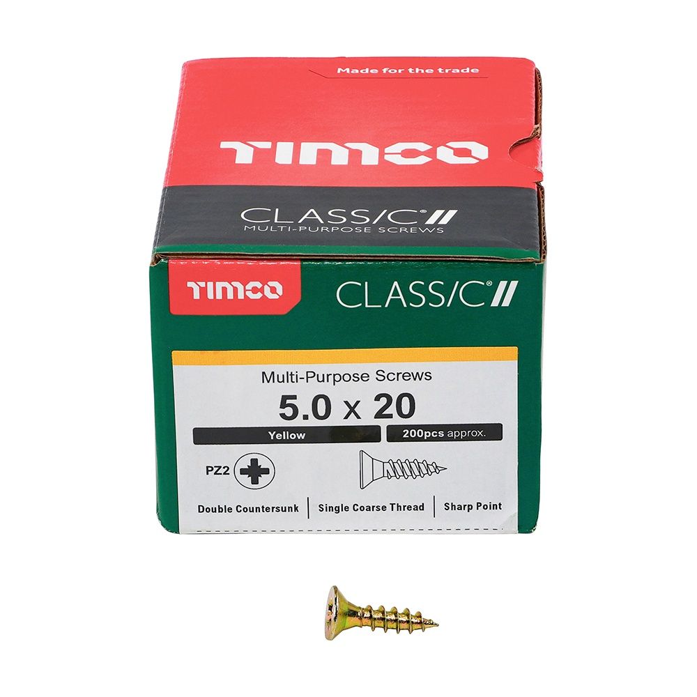 Timco 5.0 x 20mm Classic Multi-Purpose Screws Countsunk Head Yellow (200/Box) 50020CLAF