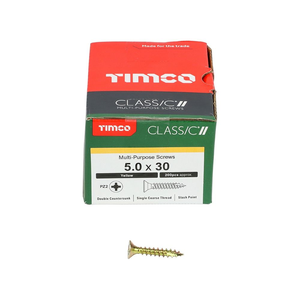 Timco 5.0 x 30mm Classic Multi-Purpose Screws Countsunk Head Yellow (200/Box) 50030CLAF