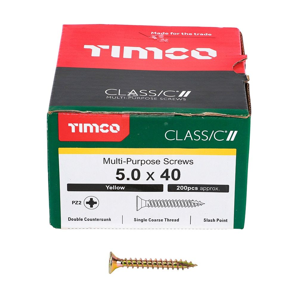 Timco 5.0 x 40mm Classic Multi-Purpose Screws Countsunk Head Yellow (200/Box) 50040CLAF