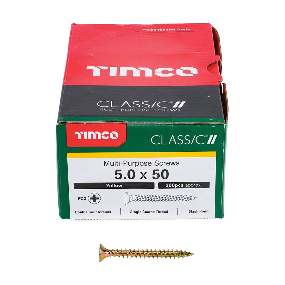 Timco 5.0 x 50mm Classic Multi-Purpose Screws Countsunk Head Yellow (200/Box) 50050CLAF