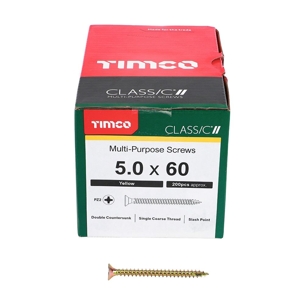 Timco 5.0 x 60mm Classic Multi-Purpose Screws Countsunk Head Yellow (200/Box) 50060CLAF