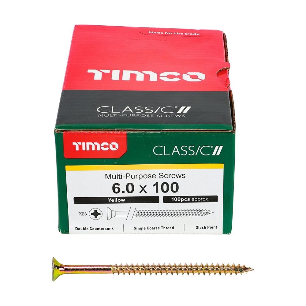 Timco 6.0 x 100mm Classic Multi-Purpose Screws Countsunk Head Yellow (100/Box) 60100CLAF