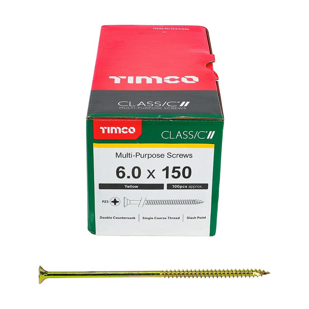 Timco 6.0 x 150mm Classic Multi-Purpose Screws Countsunk Head Yellow (100/Box) 60150CLAF