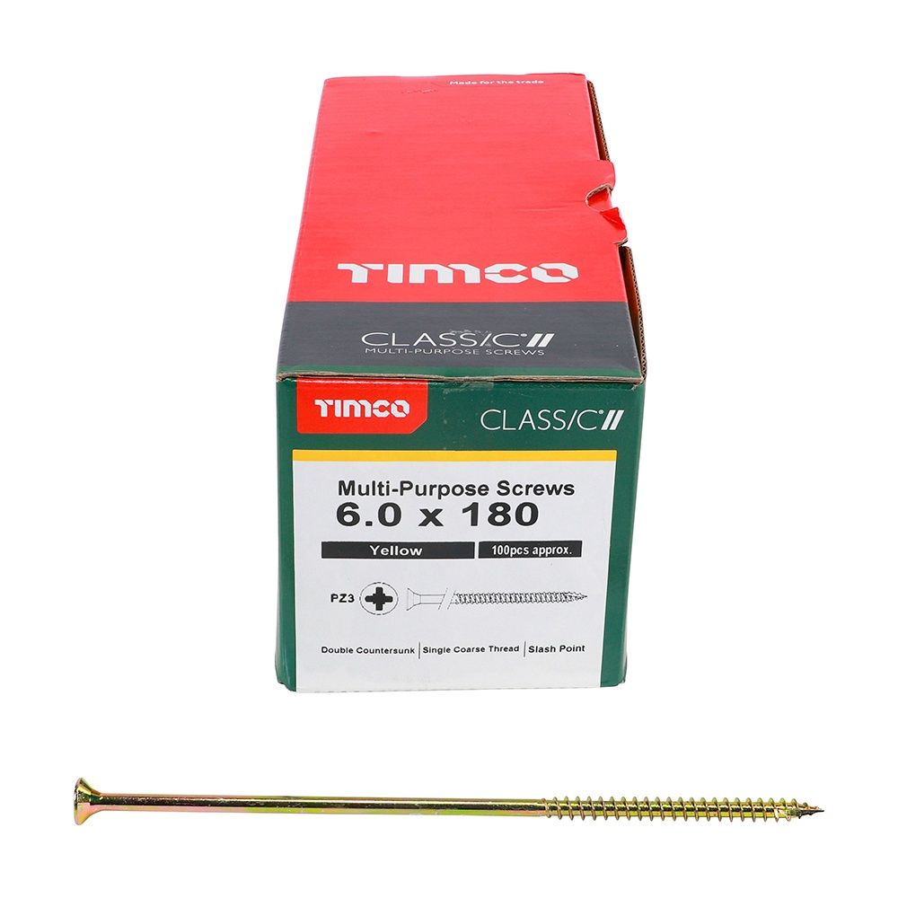 Timco 6.0 x 180mm Classic Multi-Purpose Screws Countsunk Head Yellow (100/Box) 60180CLAF