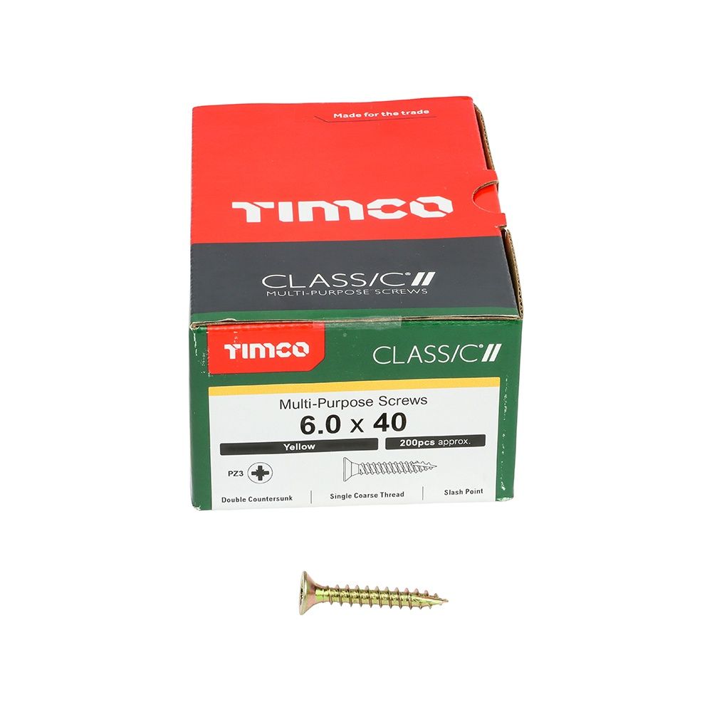 Timco 6.0 x 40mm Classic Multi-Purpose Screws Countsunk Head Yellow (200/Box) 60040CLAF