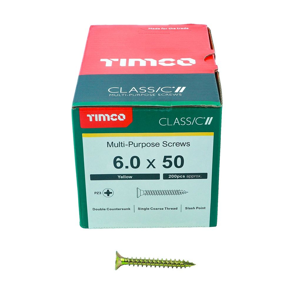 Timco 6.0 x 50mm Classic Multi-Purpose Screws Countsunk Head Yellow (200/Box) 60050CLAF