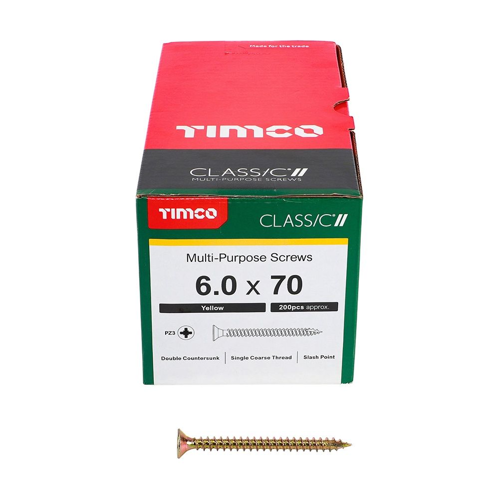 Timco 6.0 x 70mm Classic Multi-Purpose Screws Countsunk Head Yellow (200/Box) 60070CLAF