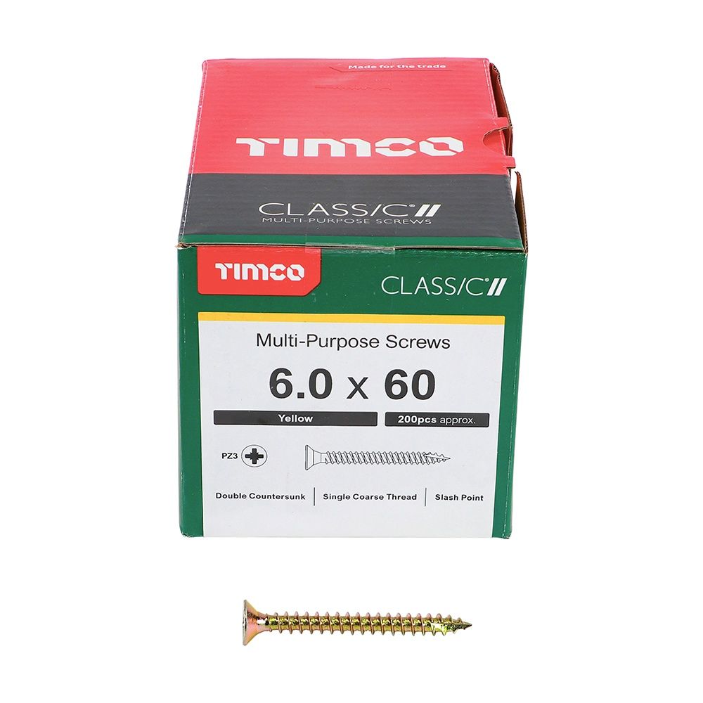Timco 6.0 x 60mm Classic Multi-Purpose Screws Countsunk Head Yellow (200/Box) 60060CLAF
