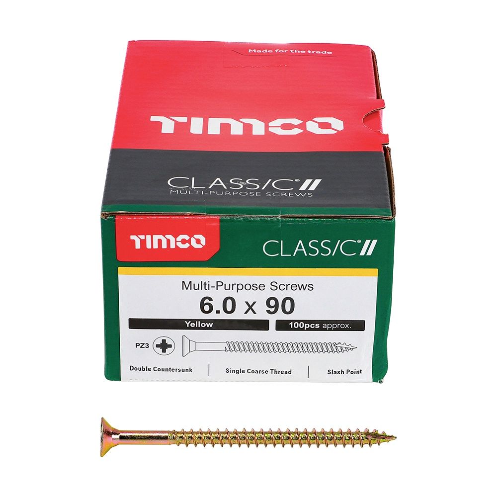 Timco 6.0 x 90mm Classic Multi-Purpose Screws Countsunk Head Yellow (100/Box) 60090CLAF