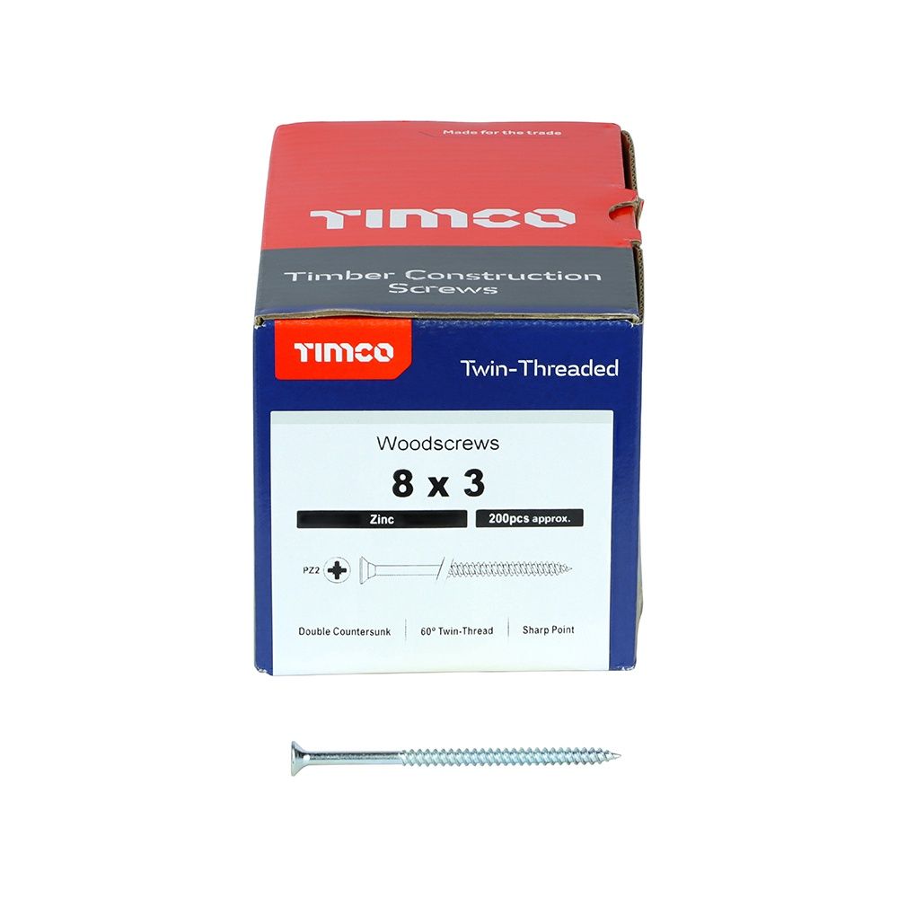 Timco 8 x 3&quot; Twin Threaded Woodscrews Countsunk Head Zinc (200/Box) 00083CWZ