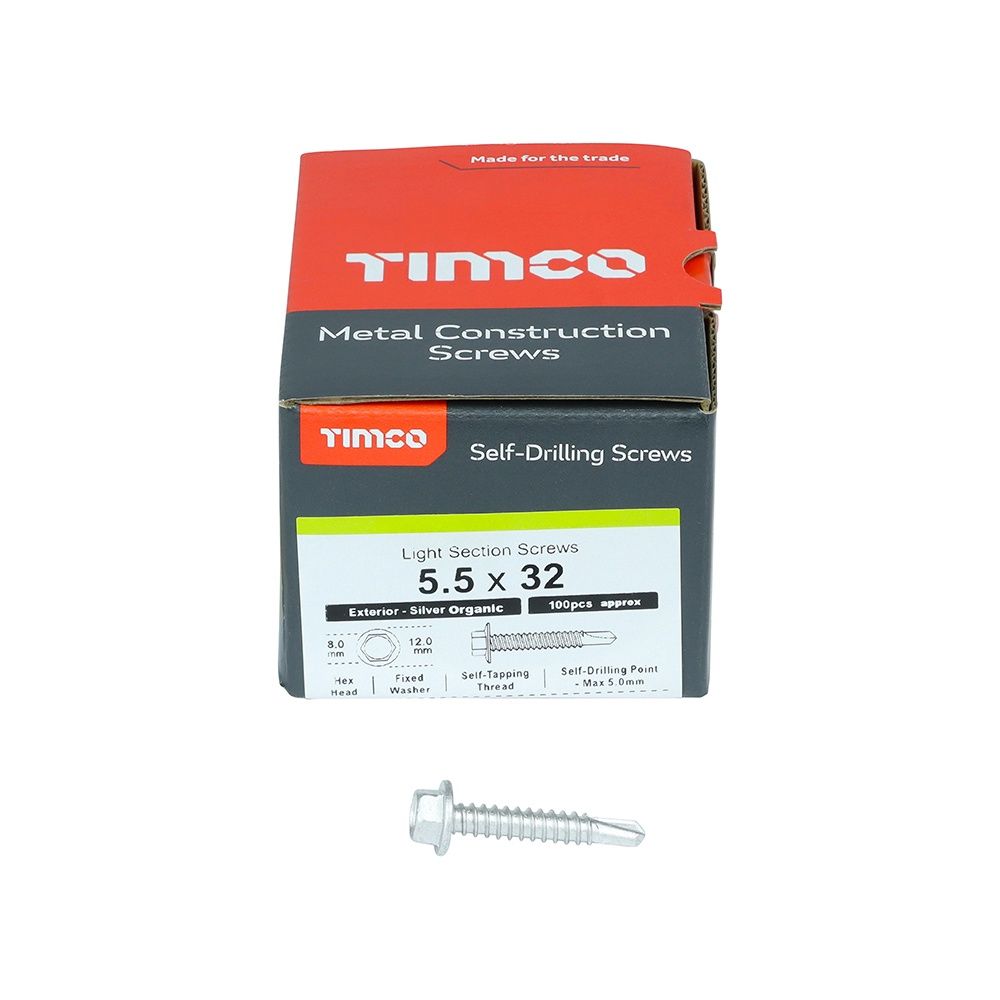 Timco Metal Construction Light Section Screws - Hex - Self-Drilling - Exterior - Silver Organic 5.5 x 32