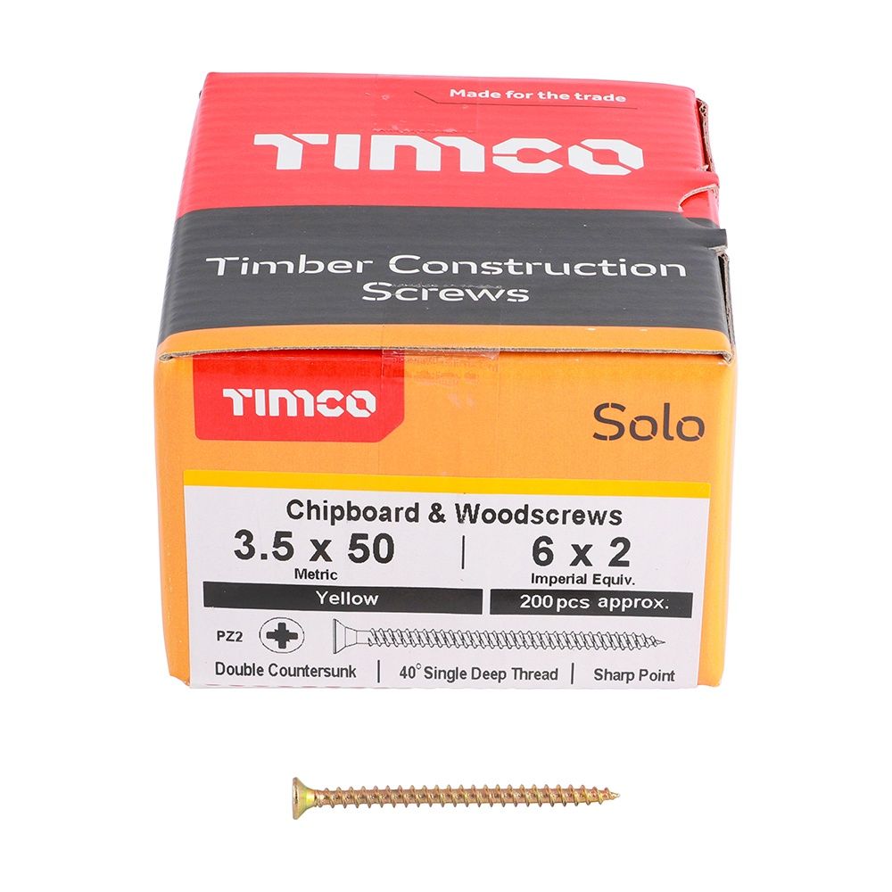 Timco Solo Chipboard &amp; Woodscrews - PZ - Double Countersunk - Yellow 3.5 x 50 35050SOLOC